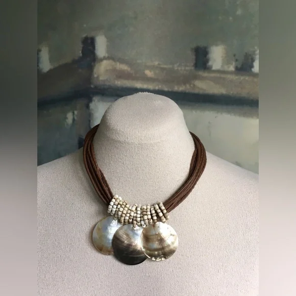 Multi-cord Shell Statement Necklace Brown Tan Ivory 20” Long - Picture 1 of 5